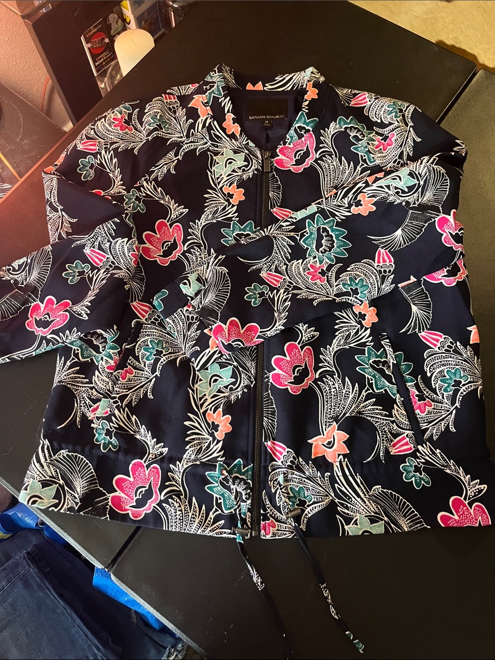 NWOT Banana Republic Black Floral Bird Print Bomber Jacket with Drawstring
